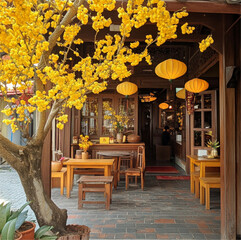 Canvas Print - Vietnamese restaurant,  season.  yellow apricot tree.