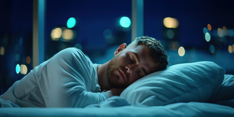 Wall Mural - Sleep Hygiene concept, A man lies awake in bed at night, looking contemplative, with city lights softly glowing through the window.