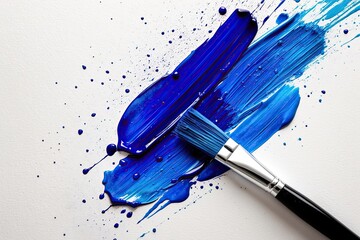 Vibrant, shiny blue brush strokes of watercolor paint splattered and blended on a crisp, isolated white background,