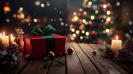 Aufkleber - Festive Christmas gift box with green ribbon on wooden table, surrounded by candles, pine cones and blurred Christmas tree with bokeh lights. 3D rendered holiday illustration