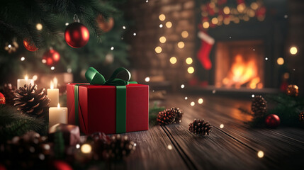 Aufkleber - Festive Christmas gift box with green ribbon on wooden table, surrounded by candles, pine cones and blurred Christmas tree with bokeh lights. 3D rendered holiday illustration