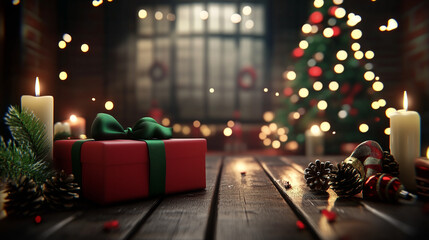 Aufkleber - Festive Christmas gift box with green ribbon on wooden table, surrounded by candles, pine cones and blurred Christmas tree with bokeh lights. 3D rendered holiday illustration