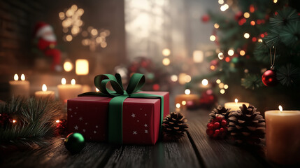 Aufkleber - Festive Christmas gift box with green ribbon on wooden table, surrounded by candles, pine cones and blurred Christmas tree with bokeh lights. 3D rendered holiday illustration