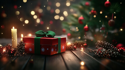 Aufkleber - Festive Christmas gift box with green ribbon on wooden table, surrounded by candles, pine cones and blurred Christmas tree with bokeh lights. 3D rendered holiday illustration