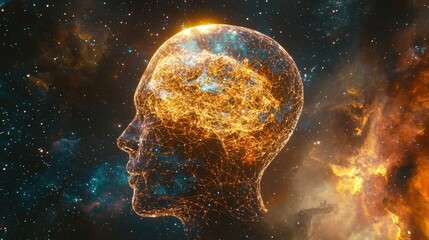Poster - Digital Representation of a Head Filled with Glowing Connections in a Cosmic Background