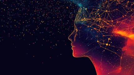 Poster - Futuristic Profile of a Person with Digital Connections and Starry Background