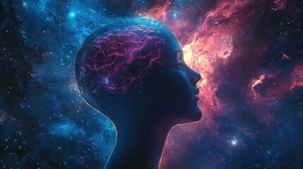 Poster - Glowing Profile of a Woman with Neural Paths in a Cosmic Background