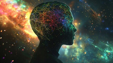 Poster - Futuristic Profile of a Person with Cosmic Background and Intricate Patterned Brain Connections