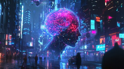 Poster - Glowing Neural Network Human Head Surrounded by Swirling Lights in a Futuristic Cityscape