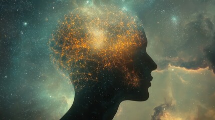 Poster - Glowing Neural Connections Network Inside a Human Silhouette in Cosmic Background