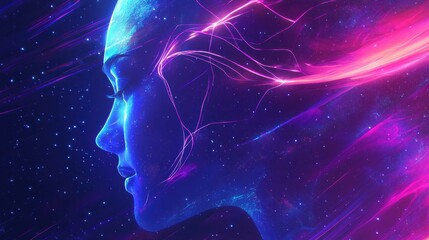 Poster - Ethereal Glowing Profile of a Human Face with Neural Paths and Cosmic Elements in Background