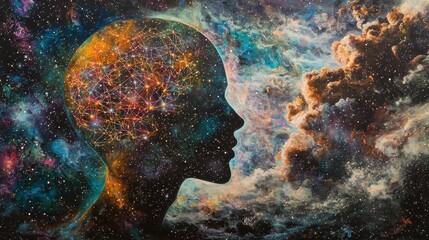 Poster - Glowing Neural Connections Within the Cosmic Mind in a Vast Starry Background