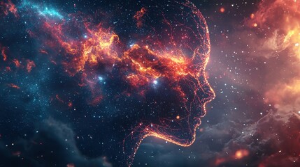 Poster - Illuminated Profile View of a Head with Glowing Cosmic Elements and Neurological Connections