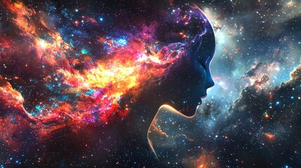 Poster - Surreal Cosmic Profile View of a Head Illuminated with Vibrant Glowing Stellar Imagery