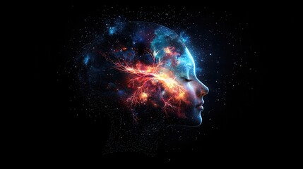 Poster - Illuminated Profile View of Head with Glowing Neurological Patterns in Cosmic Space