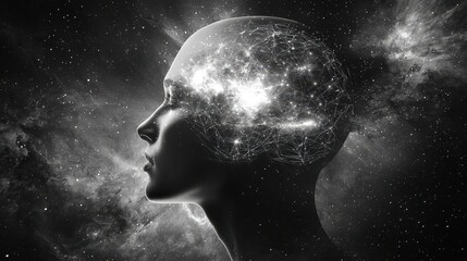 Poster - Luminous Neural Profile View of Human Head with Abstract Cosmic Background