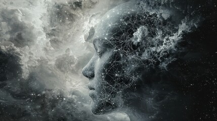 Poster - Profile View of a Human Head with Luminous Neural Network Elements in Surreal Background