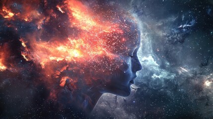 Poster - Luminous Human Head Silhouette with Cosmic Neural Patterns and Fiery Elements in Deep Space