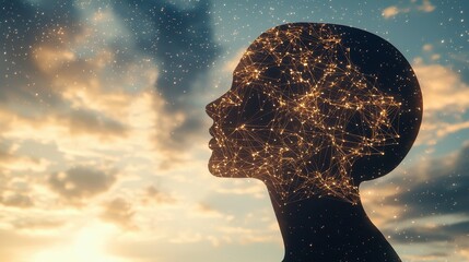 Poster - Silhouette of a Human Head Filled with a Web of Glowing Lights Against a Scenic Background