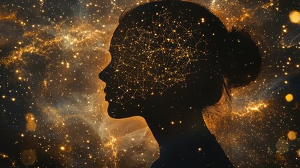 Poster - Enigmatic Silhouette Against a Starry Cosmic Background with Glowing Connections and Patterns