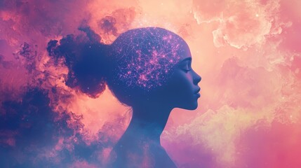 Poster - Luminous Profile Silhouette with Neural Network Concept Against Colorful Cosmic Background