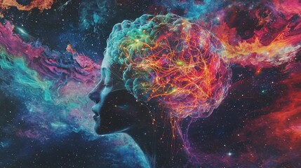 Poster - Striking Cosmic Composition of Human Profile with Colorful Brain and Stellar Background