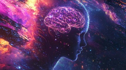 Poster - Striking Cosmic Composition Featuring Profile of a Human Brain Surrounded by Vibrant Colors