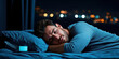 © AnuStudio - Sleep Hygiene concept, A man peacefully sleeping in a dimly lit bedroom, with city lights glowing softly in the background.