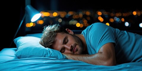 Wall Mural - Sleep Hygiene concept, A man peacefully sleeps in a dimly lit room, with city lights twinkling in the background, creating a serene nighttime atmosphere.