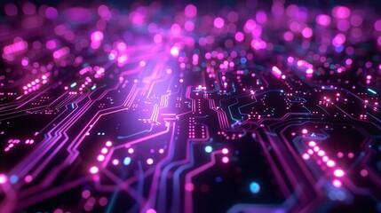 Poster - Closeup of circuit board with vibrant purple and electric blue lights