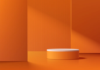 Wall Mural - 3d orange cylindrical podium background with light shadow orange wall scene. minimalist 3d mockup pe