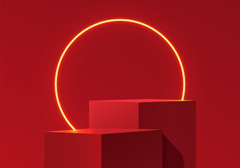 Wall Mural - 3d red cube podium background with glow neon lighting, christmas wall scene. minimalist mockup pedes