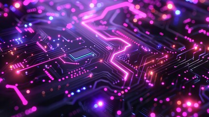 Poster - Closeup of circuit board with vibrant purple and electric blue lights