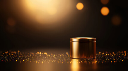 Poster - Gold finish product on smooth surface with warm glow and bokeh effect