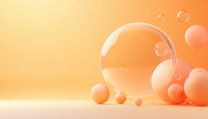 Poster - Soft orange background with transparent bubbles and spheres creating serene atmosphere