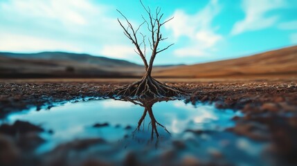 Poster - A dying tree with its roots reaching out to an empty water source.