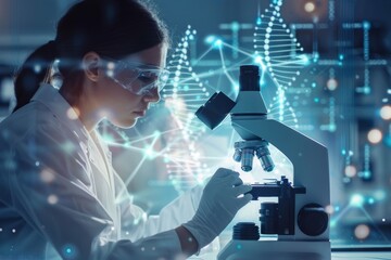Poster - A woman in a lab coat examines a microscope, focused on her research in a laboratory setting. Machine learning AI in a biotech setting.