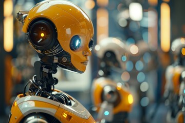 Poster - A robot working efficiently in a factory setting, surrounded by machinery and production lines. Machine learning concept with AI robots.