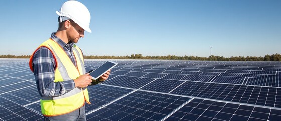 Worker monitors solar panels with tablet device.