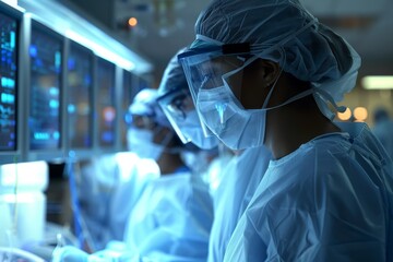 Poster - medical professionals in protective gear collaborate in a sterile operating room, focused on patient