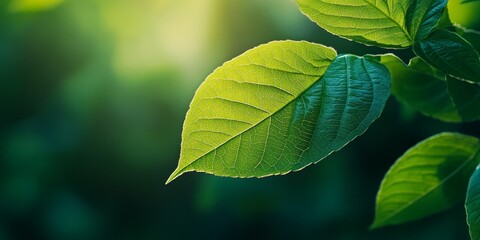 Wall Mural - Closeup view showcasing vibrant green leaf details against a beautifully blurred greenery background, highlighting the beauty and texture of the green leaf in its natural setting.