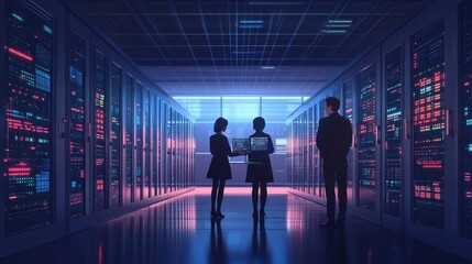 Poster - Three IT specialists work in a server room. This image depicts data center management and technological expertise.