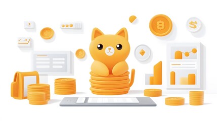 Poster - A dynamic display of stacked coins, financial charts, and digital tools for economic success. White background. No shadow