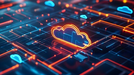 Aufkleber - A vibrant arrangement of network icons, cloud symbols, and connectivity lines illustrating modern digital solutions. White background. No shadow