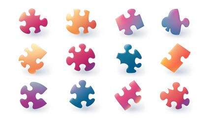 Poster - A collection of puzzle piece icons in gradient colors, representing problem-solving and teamwork. White background. No shadow