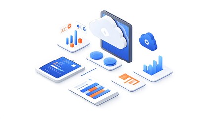 Wall Mural - A dynamic collection of digital devices, cloud icons, and graphs representing tech integration in business. White background. No shadow