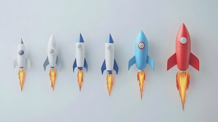 Fototapete - A vibrant layout of rocket icons, growth lines, and globe symbols representing business launch and expansion. White background. No shadow