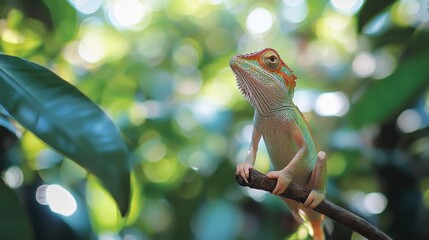 Aufkleber - A striking chameleon sits gracefully on a slender branch, showcasing its vivid colors against the backdrop of rich green foliage in a tropical rainforest