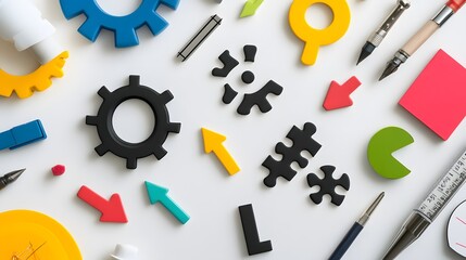 Poster - A display of digital tools, arrow icons, and puzzle pieces for strategic problem-solving. White background. No shadow