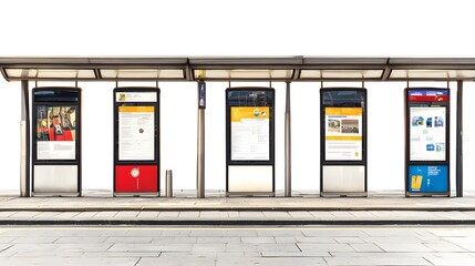 Poster - A dynamic display of bus stop signs with detailed bus icons and route numbers. White background. No shadow